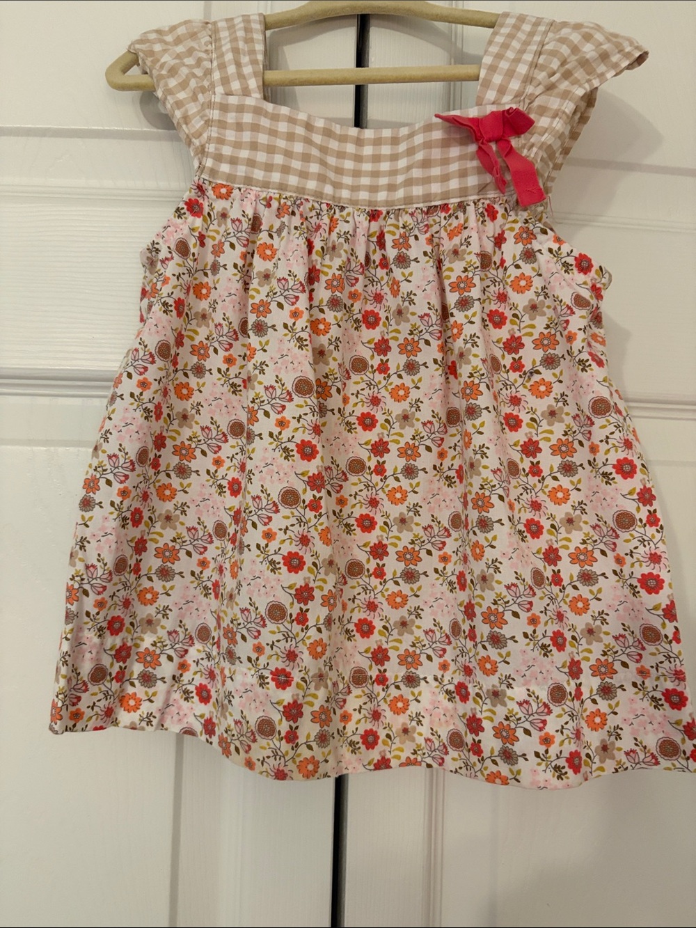 Oshkosh Girls Floral Gingham Ruffled Top - Pink & Tan 3T